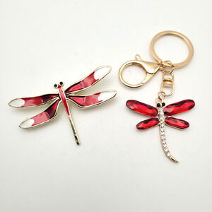 Dragonfly Stained Glass Brooch & Keychain Set Gold Tone Fashion Jewelry Gift